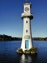 The memorial lighthouse at Roath Park lake.