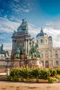 Memorial monument of empress Maria Theresa, flowers and direct light in Vienna, Austria, closeup, details