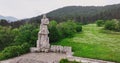 Memorial monument Hristo Botev bulgarian national hero for liberation, poet, revolutionary, Kalofer, Bulgaria, aerial 4K video