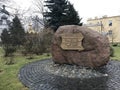 Memorial plaque on a stone on the boulevard Heinola. On the stone is fixed a metal tablet with the arms of the two cities - Barano Royalty Free Stock Photo