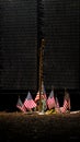 Memorial scene with a display of flags and wreaths placed in front of it, honoring special occasion