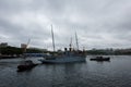 The memorial ship-monument `Red Pennant` departs from the dock after overhaul Royalty Free Stock Photo