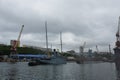 The memorial ship-monument `Red Pennant` departs from the dock after overhaul Royalty Free Stock Photo