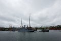 The memorial ship-monument `Red Pennant` departs from the dock after overhaul Royalty Free Stock Photo