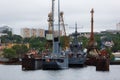 The memorial ship-monument `Red Pennant` is under repair in the MLC Royalty Free Stock Photo