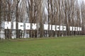 A memorial sign Nigdy WiÃâ¢cej Wojny` in Polish, which means `Never Again War, near Monument at Westerplatt