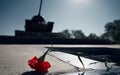 Memorial to the fallen soldiers in world war II, T34 tank on a pedestal and one broken red carnation flower, a tribute and tragic