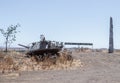 Memorial to the 1973 Yom Kippur War on the Golan Heights. Stella with the text and the tower of the Israeli tank dug into the grou