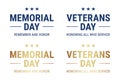 Memorial and Veterans Day greeting text vector set, in golden and blue colors, isolated on white