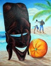 Memories of Cape Verde. African mask, orange, dancing aborigines, ocean, beach. Acrylic paint on paper. Royalty Free Stock Photo