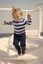 Memories made together last lifetime. Baby boy enjoy vacation sea cruise ship. Child sailor. Boy sailor travelling sea