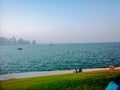 View of west bay skyscrapers skyline from the beach at sunset Royalty Free Stock Photo