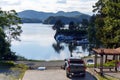 Fishing boats dock on the lake at a cloudy day. Royalty Free Stock Photo