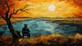 Memories Of Van Gogh: A Modern Impressionist Painting Of A Man Sitting On A Bench