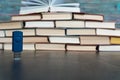 Stack books on wooden background. USB Royalty Free Stock Photo