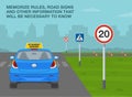 Memorize rules, road signs and other informations. Back view of a student driver car on test road with traffic signs.