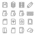 Memory Card Vector Line Icon Set. Contains such Icons as Thumb drive, Wifi SD Card, Database, Ram, Cloud and more. Expanded Stroke Royalty Free Stock Photo