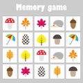 Memory game with pictures autumn theme for children, fun education game for kids, preschool activity, task for the development o