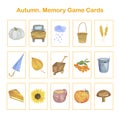 Memory game autumn holiday, Thanksgiving English vocabulary learning printable flash cards, educational topical worksheet