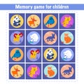 Memory game for children. Animals on cards. Activity, vector. Royalty Free Stock Photo