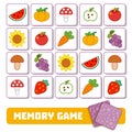 Memory game for children, cards with fruits and vegetables