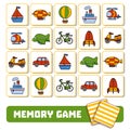 Memory game for children, cards with transport objects