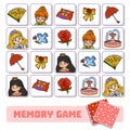 Memory game for children, vector cards with princess and items