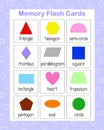 Memory game geometry shapes of different color, English vocabulary learning printable flash cards