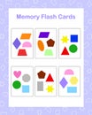 Memory game geometry shapes of different colors, English vocabulary learning printable cards