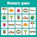 Memory game with summer beach pictures for children, xmas fun education game for kids, preschool activity, task for the