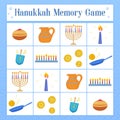 Memory Game with symbols of Jewish holiday Hanukkah, dreidel, donuts, oil jar, coins, latkes. Vector illustration