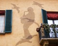 In memory of Lucio Dalla, famous italian singer, silhouette made with nails on the wall of his house in Bologna