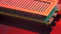 Memory module DDR RAM sticks on red light mirror background