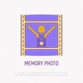 Memory photo from marathon. Runner with hands raised and gold medal. Thin line icon. Modern vector illustration