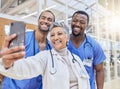 Memory, selfie and medical staff with collaboration, career and social media in a hospital, smile or cheerful. Doctors
