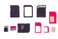 Memory and SIM cards - various sizes SD and SIM cards with card holder isolated on white background. SD and micro SD Cards. Micro