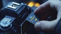 Memory storage concept closeup action of inserting a memory card into a camera in a studio environment