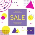 Memphis style abstract advertising banner SALE. Geometric figures shapes colorful minimal. Vector. Graphic design.