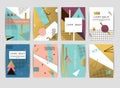 Memphis cards pattern of geometric shapes invitation and postcards.