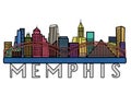 Memphis City Skyline Colorful Illustration, Silhouette of Memphis Tennessee, Line Art USA City Drawing