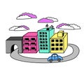 Memphis city with vibrant colors, houses and a car. vector