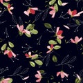 Memphis colorful template on dark blue background. Hand drawn green leaf and pink or red flower cosmey texture. Seamless floral Royalty Free Stock Photo