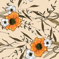 Memphis colorful template on white background. Hand drawn green leaf and yellow or orange flower texture. Seamless floral pattern Royalty Free Stock Photo