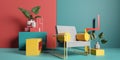 armchair space memphis design sofa room colourful interior home art geometric. Generative AI.