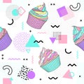 Memphis seamless pattern with cupcake and geometric different shapes 80`s-90`s style. Vector Illustration