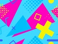 Memphis seamless pattern with geometric shapes in the style of the 80s. Multi-colored triangles, circles and zigzags for Royalty Free Stock Photo