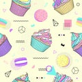 Memphis seamless pattern with macaron and cupcake. Vector Illustration