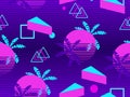 Memphis seamless pattern with palm tree. Geometric elements memphis in the style of 80s. Synthwave futuristic background. Retrowav