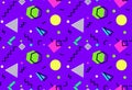 Memphis seamless pattern 80`s-90`s styles on purple background.