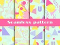 Memphis seamless pattern set. Geometric elements memphis in the style of 80s. Pastel colors. Vector Royalty Free Stock Photo